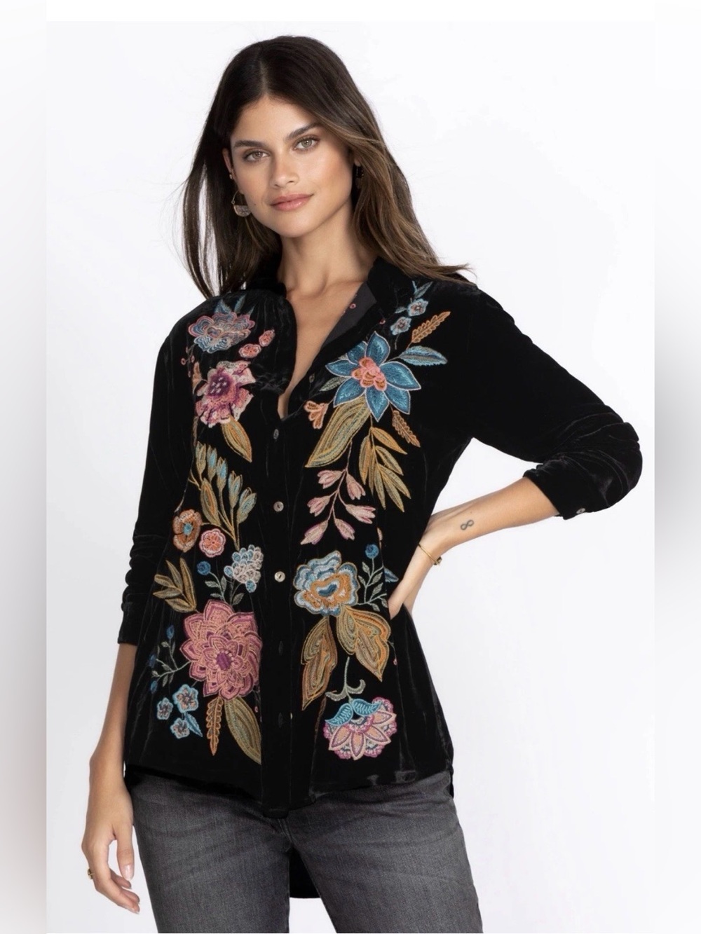 Johnny Was Black Buanca velvet Button-Down Shirt with Floral Embroidery medium